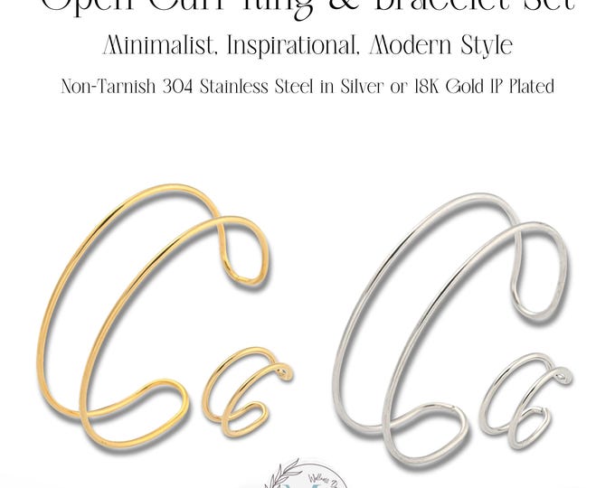 Minimalist Open Cuff Ring, Bracelet or Set: Adjustable Band in Silver or 18K Gold
