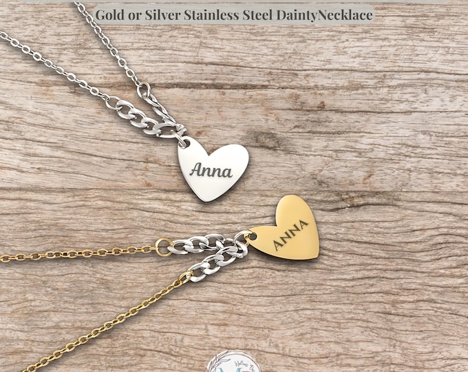 Engraved Heart Pendant Necklace: Gold Silver Stainless Steel Jewelry with Personalized Gift Pouch