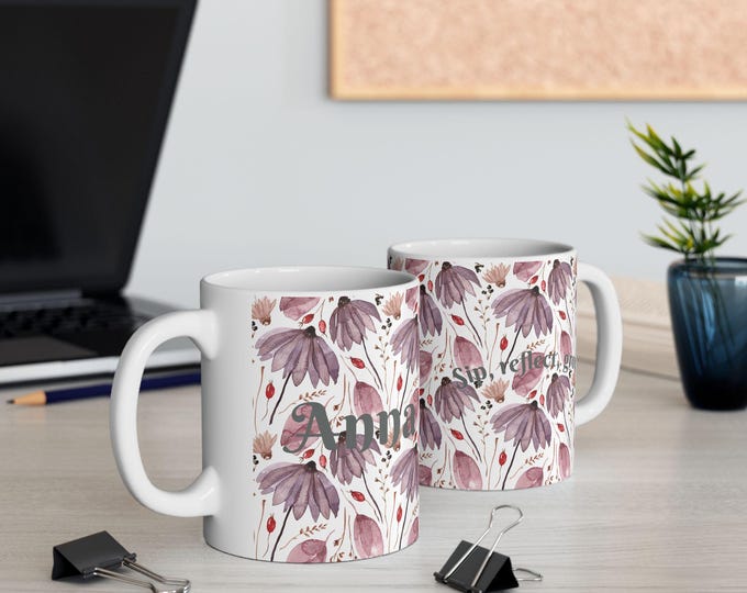 Personalized Floral Mug - Name + Sip Reflect Grow Affirmation - 11oz or 15oz Ceramic Coffee Cup | Mindful Gift for Women, Fall Vibes