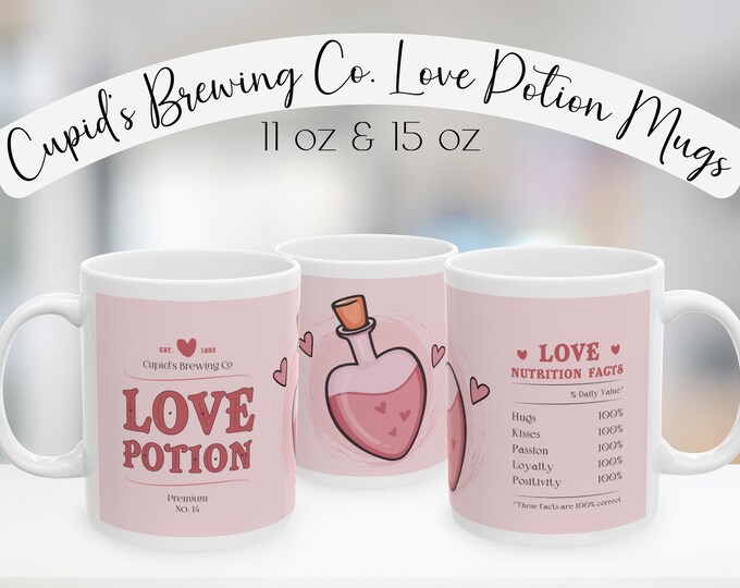 Love Potion Mug | Cupid's Brewing Co Cup | Gift for Tea, Cocoa & Coffee Lovers | 11oz or 15oz I Valentine's Day Anniversary Gift for Her