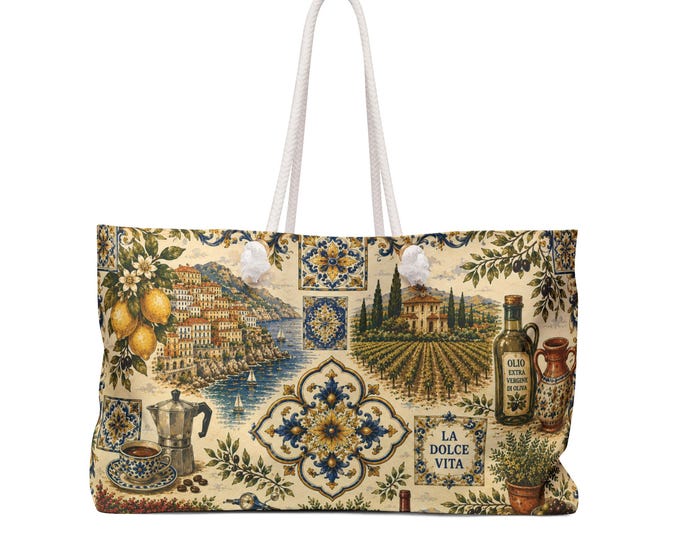 Bella Italia Weekender Bag, Amalfi Coast Travel Tote, Mediterranean Overnight Bag, Italian Gift