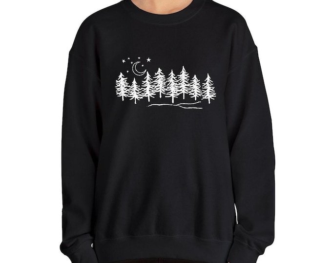 Embroidered Forest Sweatshirt: Evergreen Treeline Moon Stars Crewneck Cozy Pullover