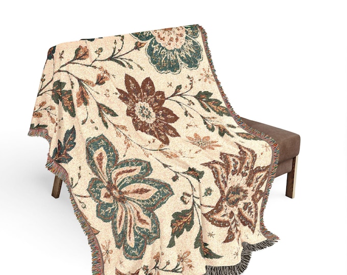 Boho Floral Woven Blanket | Vintage Botanical Tapestry Throw | 100% Cotton Fringe Sofa Decor