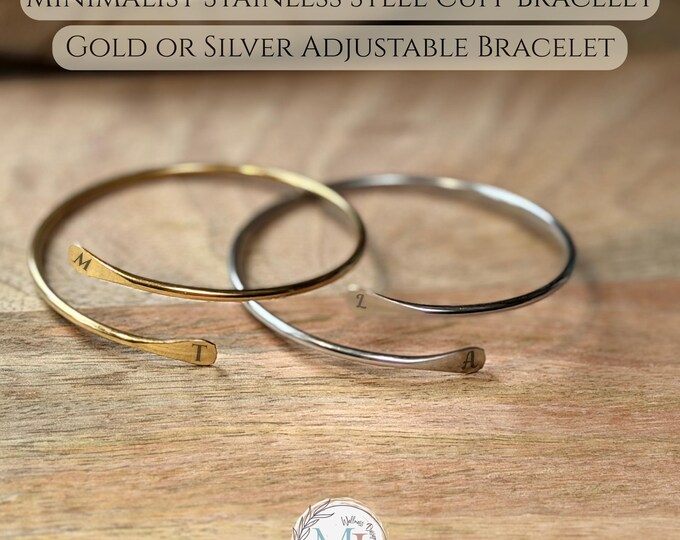 Personalized Initial Cuff Bracelet: Gold or Silver Stainless Steel Bangle