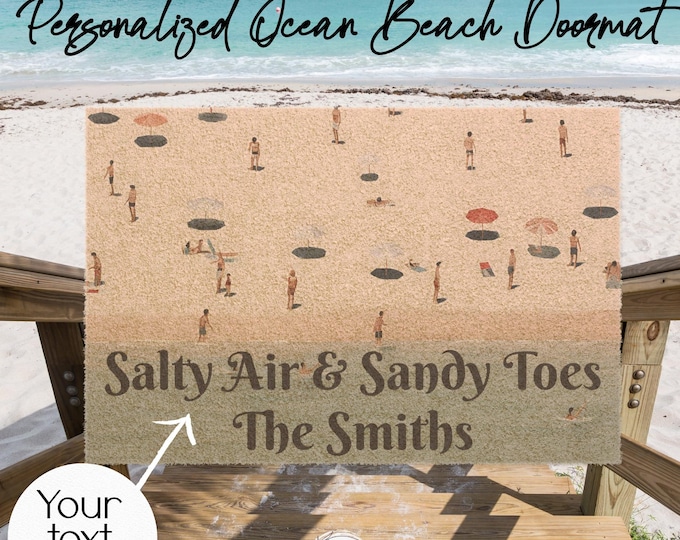 Personalized Ocean Beach Doormat | Coastal Welcome Mat with Tiny Swimmers & Beachgoers | Custom Entryway Decor