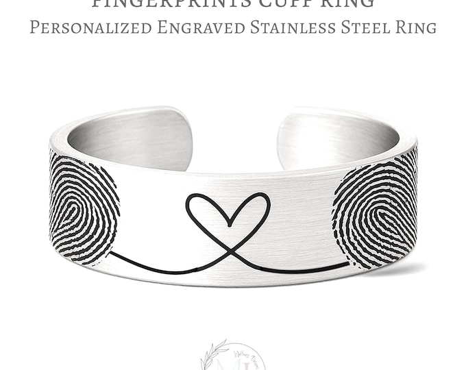 Personalized Fingerprint Ring: Adjustable Unisex Engraved Cuff • Symbols • Personalized Gift Pouch