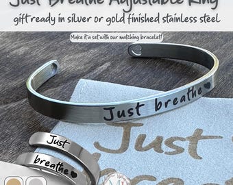 Just Breathe Ring: Hypoallergenic Adjustable Affirmation Jewelry, Gold or Silver, Personalized Pouch & Story Card