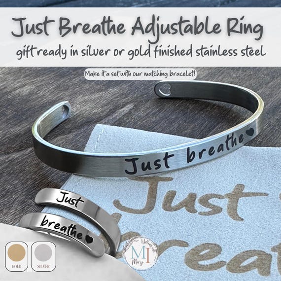Just Breathe Ring: Hypoallergenic Adjustable Affirmation Jewelry, Gold or Silver, Personalized Pouch & Story Card