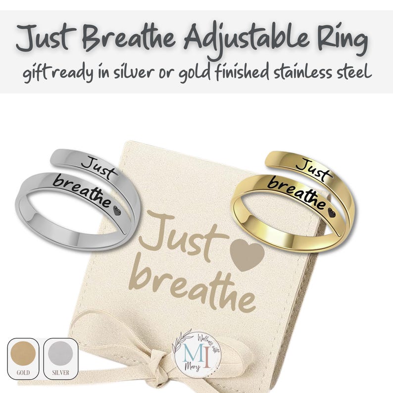 Just Breathe Ring: Hypoallergenic Adjustable Affirmation Jewelry, Gold or Silver, Personalized Pouch & Story Card image 2