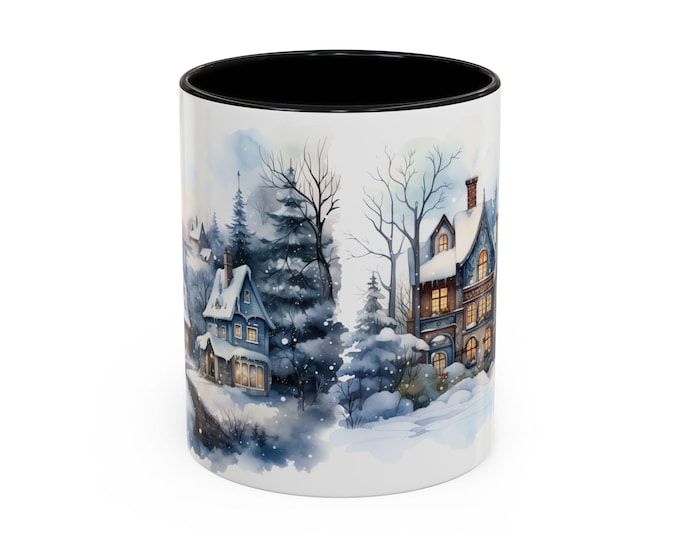 Cozy Snowy Village Winter Scene Coffee Mug | Accent Mug 11oz 15oz