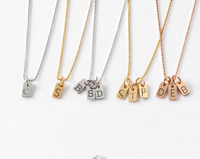 Personalized Initial Tag Necklace, Engraved Family Jewelry, Gold Rose Silver (Personalized Gift Pouch)