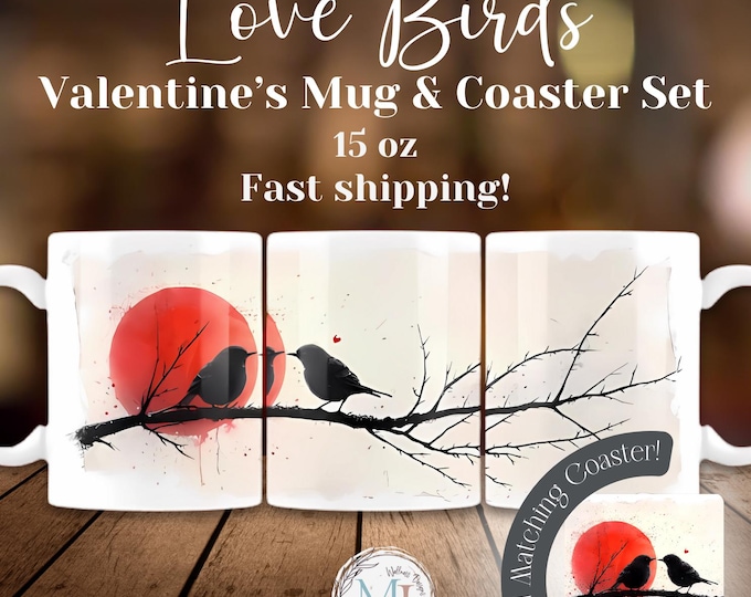 Custom Love Birds Mug & Coaster Set | 15oz Ceramic Coffee Cup with Handle | Valentine’s Day, Anniversary, Romantic Gift, Bird Lovers Gift
