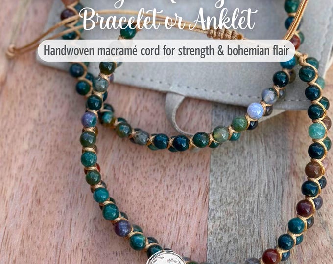 Personalized Bohemian Indian Agate Woven Bracelet or Anklet: Adjustable, Engraved Heart Charm & Gift Pouch