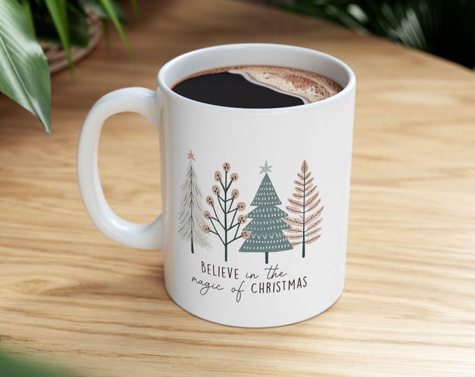 Believe in Christmas Magic Mug | Boho Chic Holiday Gift | Soft Palette Ceramic Coffee Cup with Handle | BPA-Free 11oz & 15oz I Gift for Her