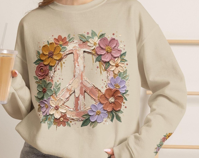 Boho Floral Peace Sign Sweatshirt, Retro Hippie Crewneck, Cottagecore Pullover, Unisex