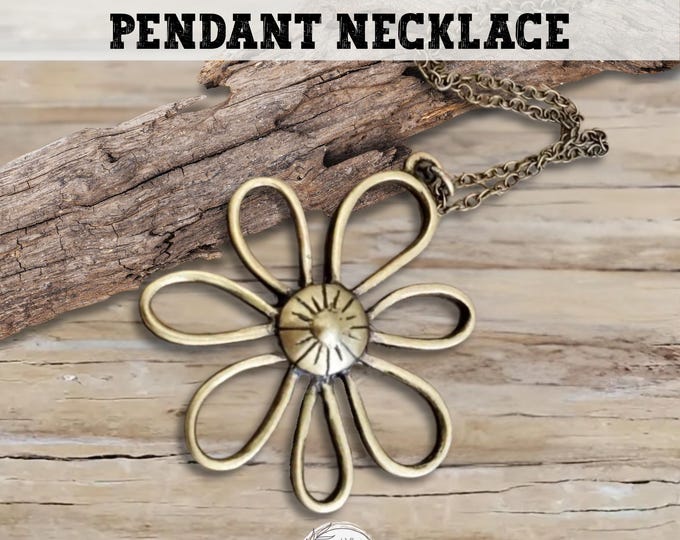 Flower Pendant Necklace | Vintage Antiqued Bronze Minimalist Charm | Casual & Boho Style Gift I Ready to Gift, Personalized Engraved Pouch