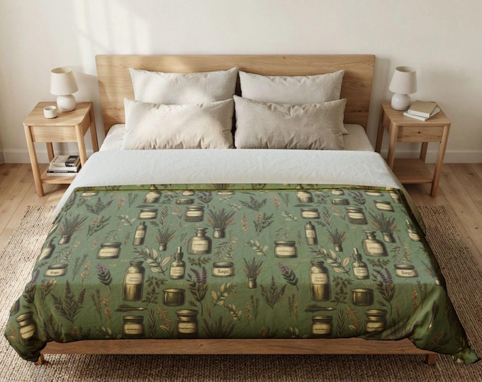 Sage Lavender Botanical Duvet Cover, Vintage Apothecary Cotton Bedding, Cottage Spa Decor