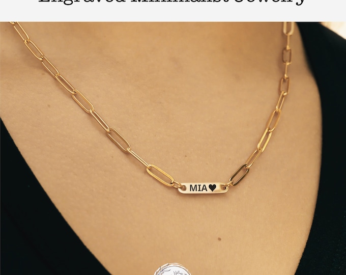 Personalized 18K Gold or Silver Paperclip Chain Necklace: Engraved Name Bar + Personalized Gift Pouch