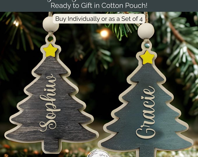 Personalized Layered Christmas Tree Ornament: Rustic Laser Cut Custom Wood Name Ornament