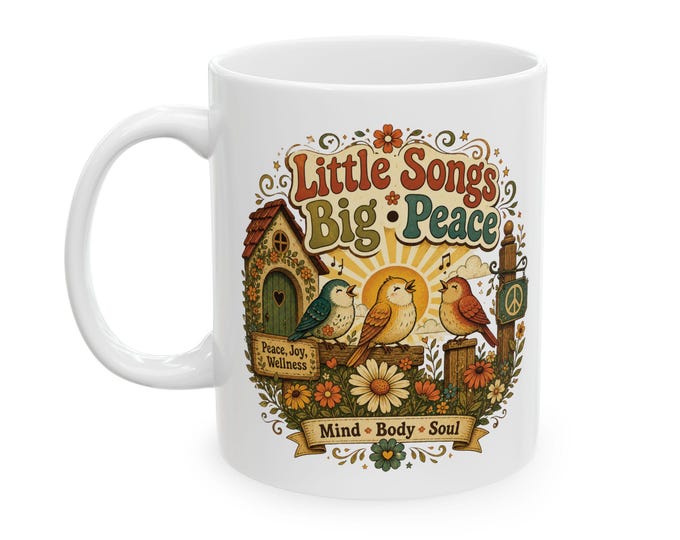 Retro Boho Birds Mug, Little Songs Big Peace, Double-Sided Coffee Cup (11oz 15oz)