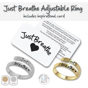 Just Breathe Ring: Hypoallergenic Adjustable Affirmation Jewelry, Gold or Silver, Personalized Pouch & Story Card image 3