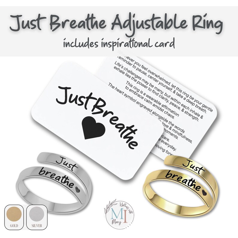 Just Breathe Ring: Hypoallergenic Adjustable Affirmation Jewelry, Gold or Silver, Personalized Pouch & Story Card image 3