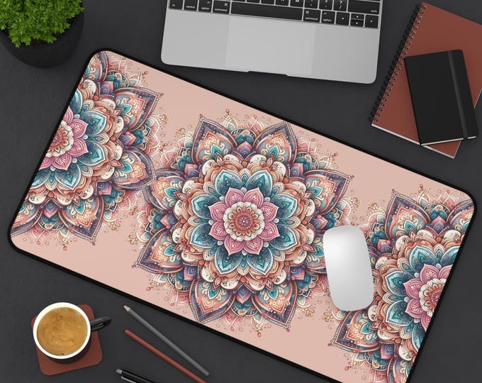 Mandala Desk Mat | Custom Neoprene Non-Skid Office Desk Pad | Anti-Slip Durable Desk Mat in 3 Sizes | Zen Home Office Decor Gift for Her
