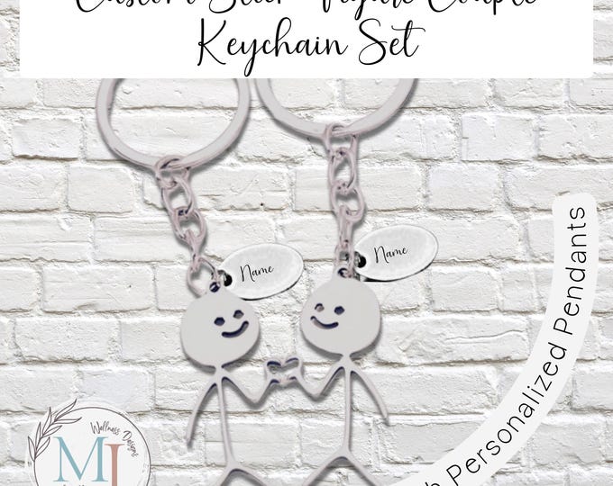 Personalized Stickman Couple Keychain Set of 2 with Stainless Steel Name Pendants I Gift for Her, Best Friends, Couples, & Loved Ones