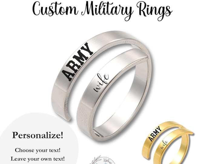 Personalized Military Adjustable Ring: Army • Navy • Marine • Air Force | Gift Pouch + Matching Cuff Bracelet