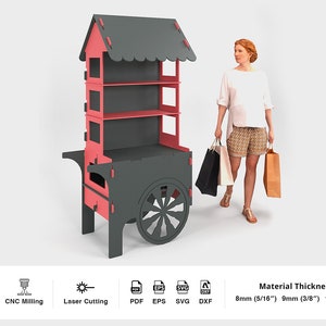 May include: A red and gray wooden cart with shelves and a wheel. The cart has a roof with a scalloped edge. The cart is 8mm (5/16"), 9mm (3/8") or 15mm (5/8") thick.