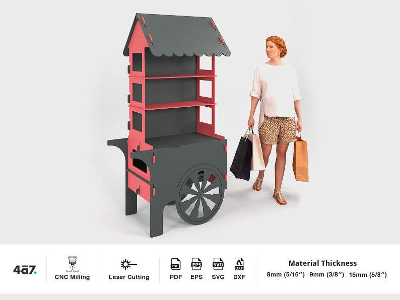 May include: A red and gray wooden cart with shelves and a wheel. The cart has a roof with a scalloped edge. The cart is 8mm (5/16"), 9mm (3/8") or 15mm (5/8") thick.