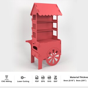 May include: Red wooden cart with a roof and shelves. The cart has a wheel with a spoke design. The cart is designed to be cut out using a CNC machine or laser cutter. The material thickness can be 8mm, 9mm, or 15mm.