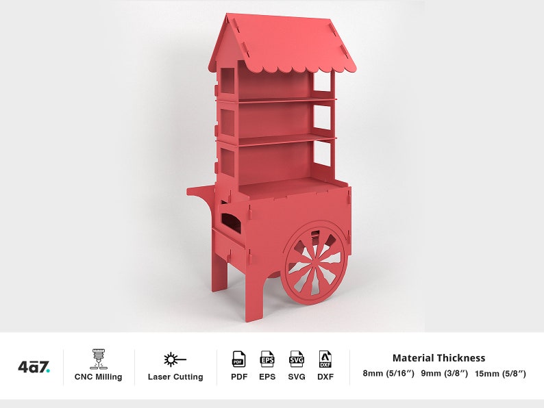 May include: Red wooden cart with a roof and shelves. The cart has a wheel with a spoke design. The cart is designed to be cut out using a CNC machine or laser cutter. The material thickness can be 8mm, 9mm, or 15mm.