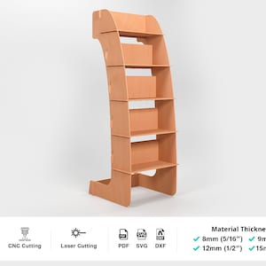 Op de afbeelding: Een bruine kartonnen rek met vijf planken. Het rek is gebogen en heeft een voet. De afbeelding bevat de tekst "Materiaal dikte" en geeft de volgende diktes: 8 mm (5/16"), 9 mm (3/8"), 12 mm (1/2") en 15 mm (5/8").