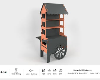 Candy cart CNC cut SVG files. Cake stand, catering cart plans. Flatpack foldable sweets carriage digital vector file for CNC & laser cutting