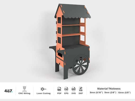 Candy cart CNC cut SVG files. Cake stand, catering cart plans. Flatpack foldable sweets carriage digital vector file for CNC & laser cutting