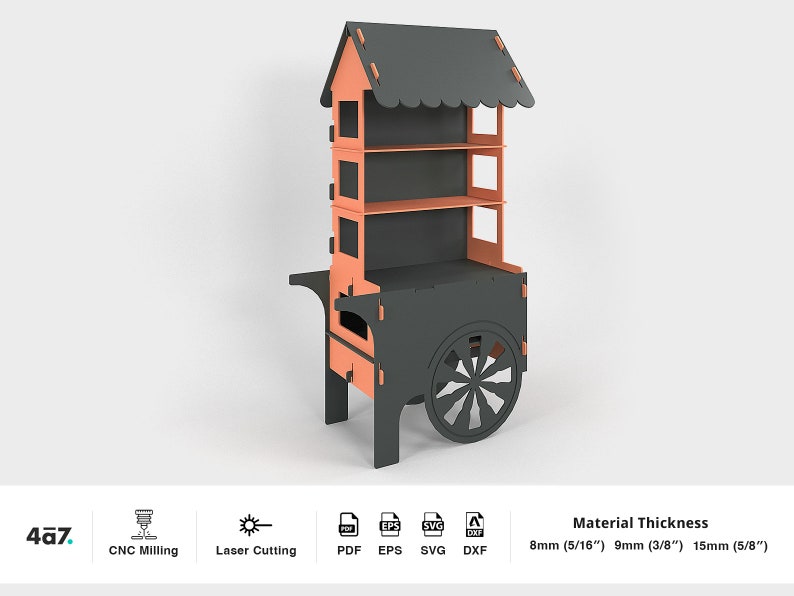 May include: A black and orange wooden cart with three shelves and wheels. The cart has a roof with a scalloped edge. The cart is designed for use as a display stand or a small food cart.