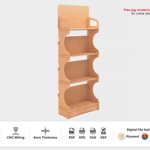May include: A four-tier wooden display stand with rounded edges. The stand is made of plywood and is 8mm thick. The stand is suitable for displaying products in a retail store.