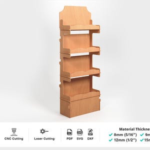 Puede incluir: Un expositor de cartón de cinco niveles con un acabado de madera natural. El expositor está hecho de cartón de 8 mm, 9 mm, 12 mm o 15 mm de grosor. El expositor es perfecto para exhibir productos en un entorno minorista.