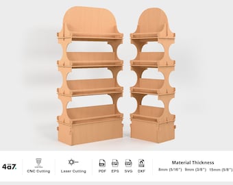 Free standing display stand vector files. SVG, pdf, dxf vector file formats for CNC router and Laser Cutting. Display shelf wide and narrow