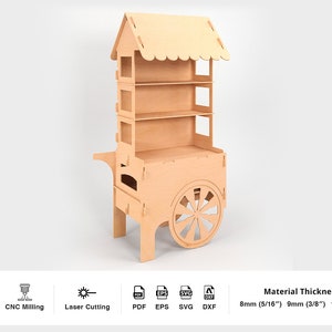 May include: A wooden toy cart with a roof and shelves. The cart has wheels and a handle. The cart is made of wood and is painted brown. The cart is 8mm (5/16"), 9mm (3/8") or 15mm (5/8") thick.