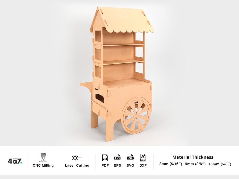 May include: A wooden toy cart with a roof and shelves. The cart has wheels and a handle. The cart is made of wood and is painted brown. The cart is 8mm (5/16"), 9mm (3/8") or 15mm (5/8") thick.