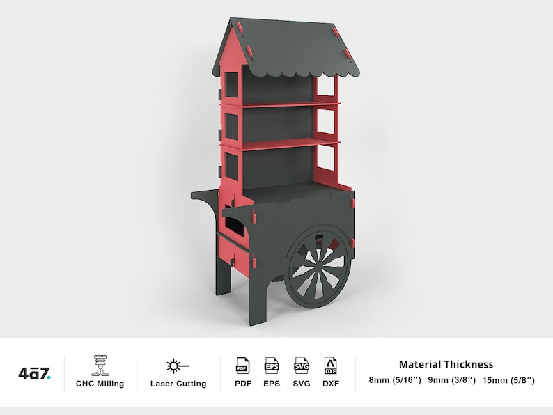 May include: A red and gray wooden cart with shelves and a roof. The cart has a wheel with a decorative design. The cart is designed to be cut out using a CNC milling machine or laser cutter. The material thickness options are 8mm (5/16"), 9mm (3/8"), and 15mm (5/8").