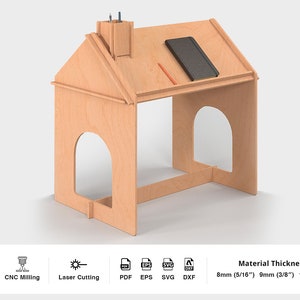 May include: A wooden desk shaped like a house with a small shelf and a pencil holder on top. The desk is made of plywood and has a natural wood finish. The desk is 8mm (5/16") thick.