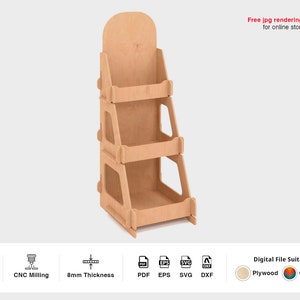 Puede incluir: Un expositor de cartón de tres niveles con bordes redondeados. El expositor está hecho de madera contrachapada de 8 mm de grosor y es adecuado para fresado CNC. Los archivos digitales para el expositor están disponibles en los formatos PDF, EPS, SVG y DXF.