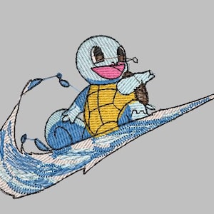 May include: Embroidered design featuring a blue Squirtle character with a yellow shell, riding a stylized blue and white wave. The design is on a gray background. The Squirtle has a pink tongue and is smiling.