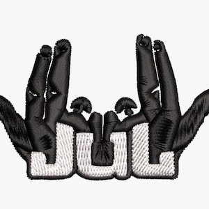 May include: Embroidered patch featuring a stylized design of two hands forming a gesture, with the letters "JUL" in white. The hands and letters are outlined in black thread, creating a bold contrast against the white background. The patch is likely for clothing or accessories.