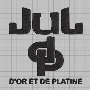 May include: Black embroidered logo on a grey grid background. The logo features the word "JUL" above a stylized "DP" symbol, with "D'OR ET DE PLATINE" below. The design has a textured, stitched appearance.