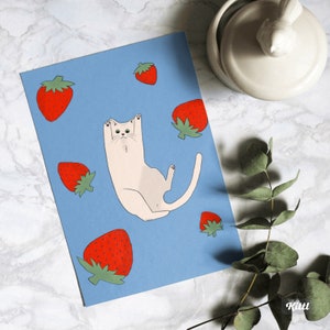 Carte postale chat avec fraises Carte fraise pour les amoureux des chats Cadeau pour les amateurs d'art avec les chats, décoration de bureau