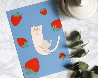Gato com morango cartão postal cartão de morango para amantes de gatos presente para amantes de arte de gato decoração de mesa